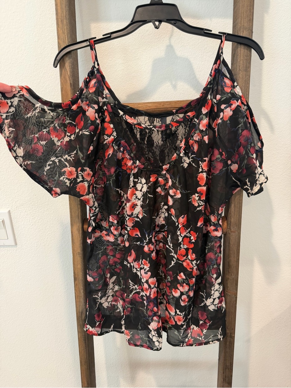 Full Tilt Black Floral Cold-Shoulder Camisole with Red/Pink Blossoms